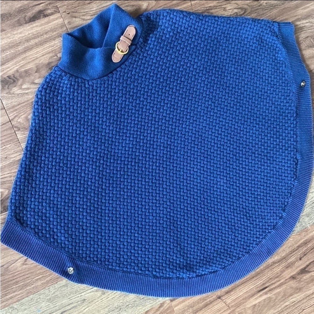 Blue Knit Poncho with Buckle Detail